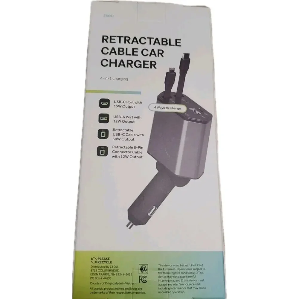 Retractable cable car charger 4-in-1 New Open Box